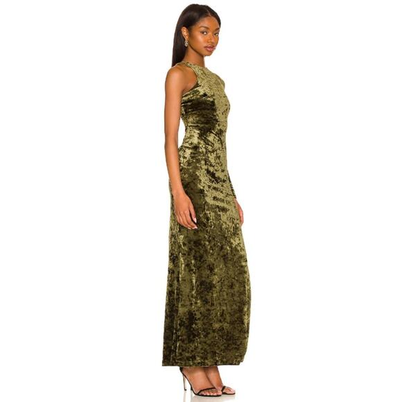 Camila Coelho Gabriel Velvet Maxi Dress Asymmetric Lace Up Cut Out Olive Size S - Picture 2 of 15